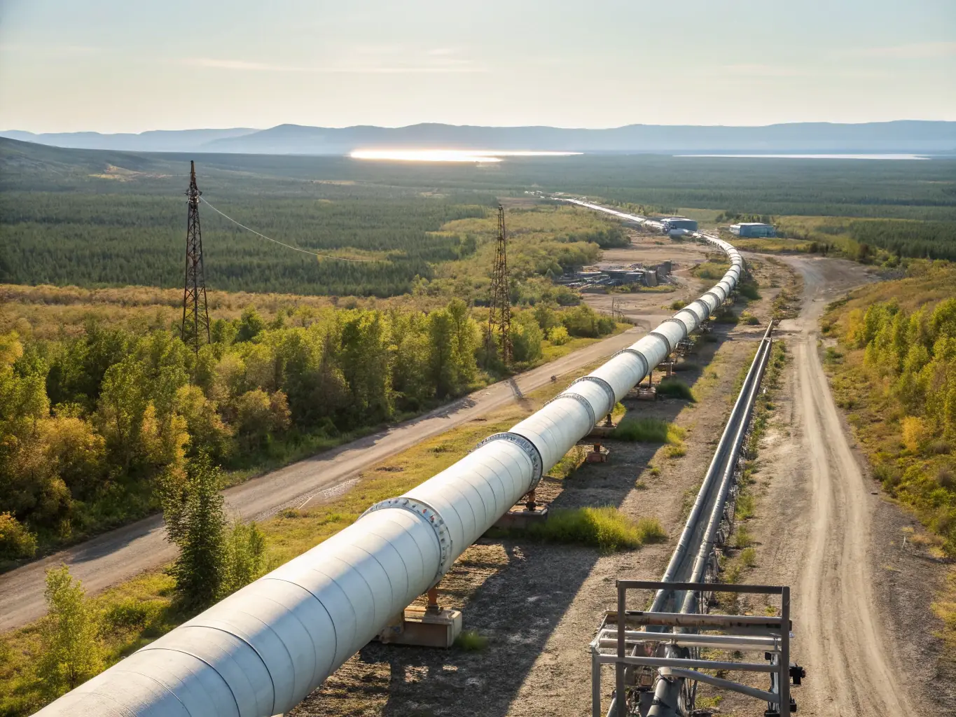 A wide shot of a pipeline installation project in a rural area of Oklahoma. A&A Utilities crew is welding sections of a large-diameter pipeline, with heavy machinery and equipment visible in the background. The landscape is mostly flat and grassy.