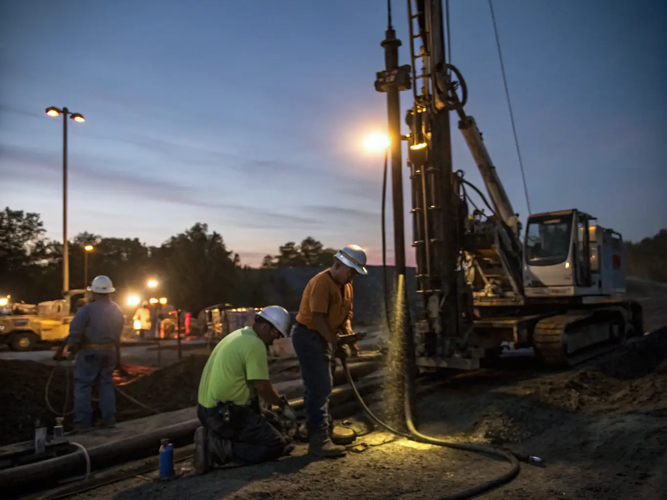 A high-angle shot of an A&A Utilities crew operating a Horizontal Directional Drilling (HDD) rig on a construction site in Oklahoma. The rig is actively drilling, with workers in safety gear monitoring the process. The background shows a mix of urban and rural landscape.