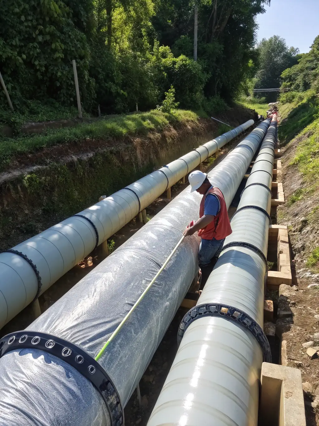 A photograph of a newly installed underground pipeline, showcasing the quality and durability of A&A Utilities' pipeline installation services. The image should highlight the safety measures implemented during the installation process.