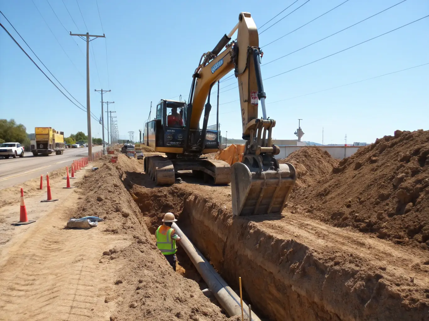 A photo of a trench being excavated with modern machinery, showing clean and precise cuts, representing A&A Utilities' trenching and microtrenching services.