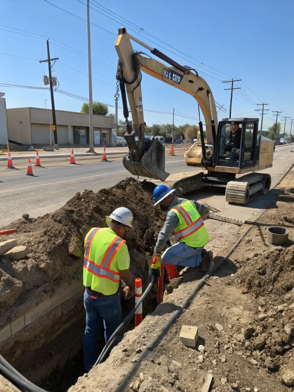 A photograph of A&A Utilities' team performing trenching work in a suburban area of Texas. The image should emphasize the speed and accuracy of the trenching process.