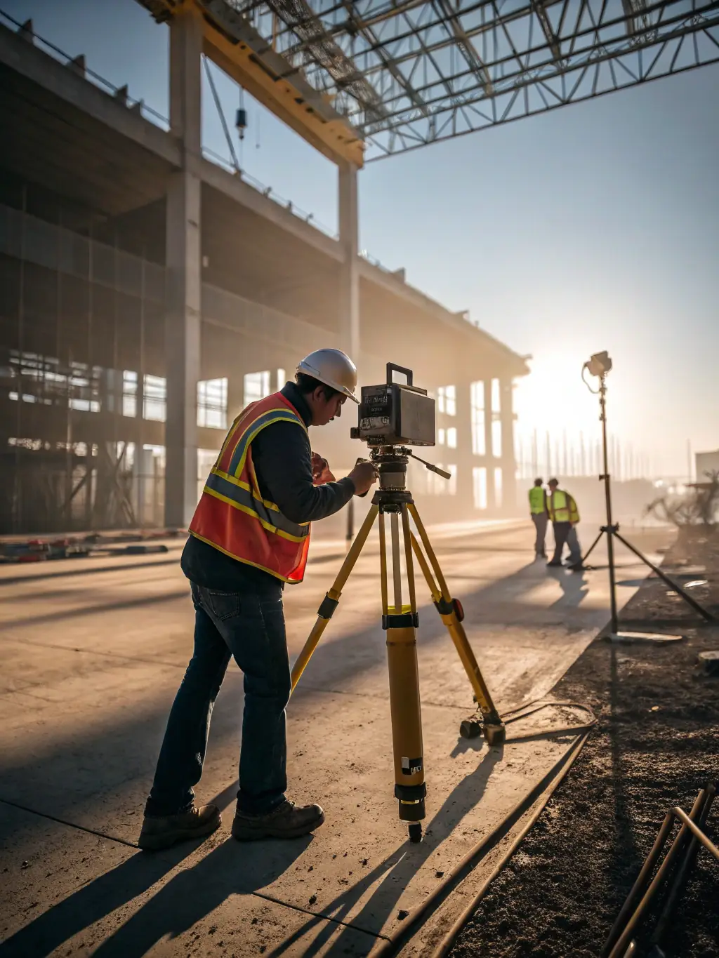 A close-up of A&A Utilities' technicians using advanced surveying and mapping technology to plan an underground utility route, emphasizing their commitment to precision and innovation.