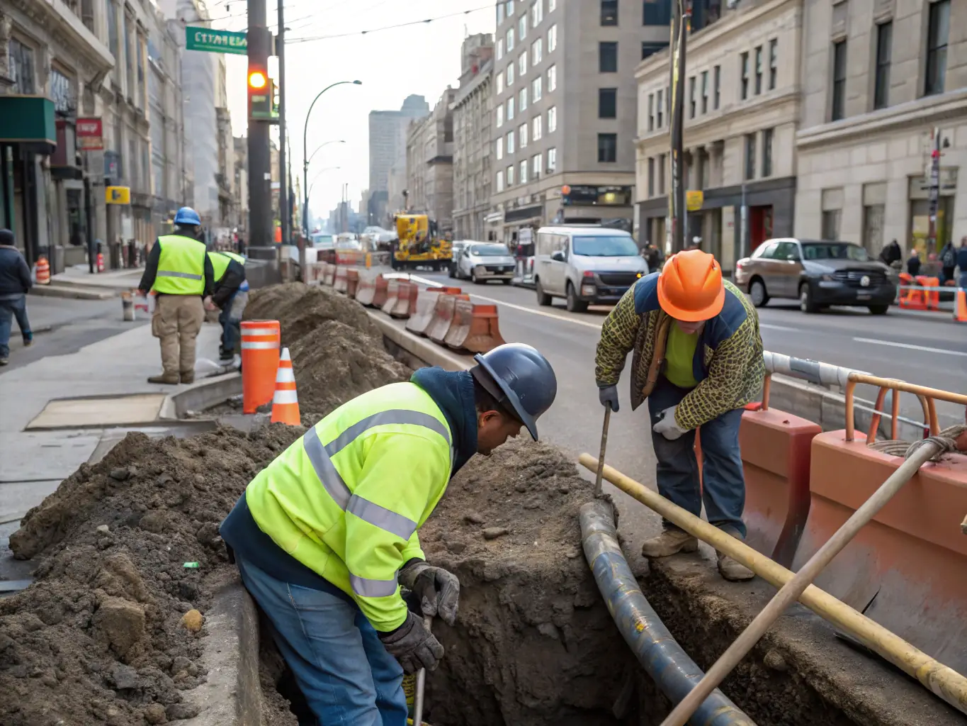 A close-up shot of a microtrenching operation in a suburban area of Texas. The microtrencher is cutting a narrow trench in the asphalt, with workers carefully managing the process. Fiber optic cables are visible being laid into the trench.