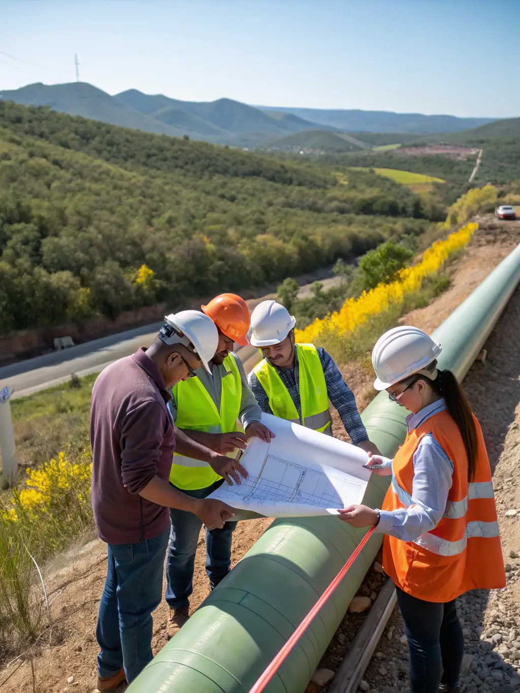 A photo of A&A Utilities' crew conducting a thorough quality control inspection of a newly installed underground pipeline, highlighting their dedication to safety and compliance.